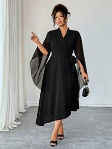 Elenzga Plus Size V-Neck Criss-Cross Tie Wrap Asymmetric Hem Chiffon Long Sleeve Dress, Elegant French Style Versatile Commuter Black Autumn Dinner Dress - Black - View 1