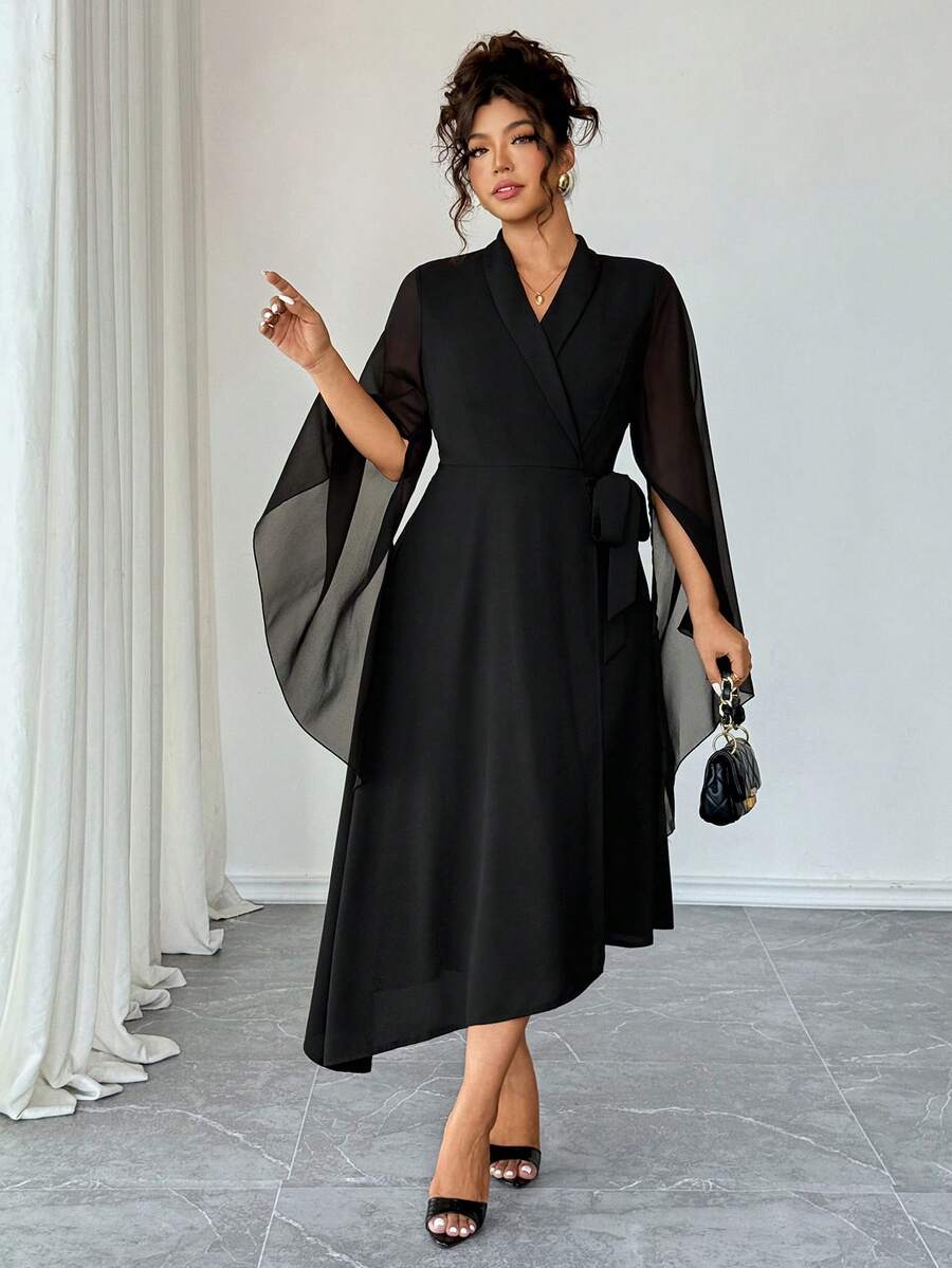Elenzga Plus Size V-Neck Criss-Cross Tie Wrap Asymmetric Hem Chiffon Long Sleeve Dress, Elegant French Style Versatile Commuter Black Autumn Dinner Dress - Black - View 1