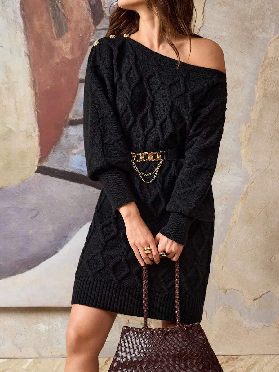 SHEIN Unity Sweater Dress, Off Shoulder Collar, Button Drawstring ...