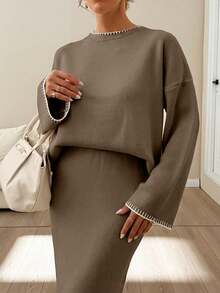 EURMUSE Women Stitch Detailed Round Neck Drop Shoulder Pullover & Sweater Skirt Set