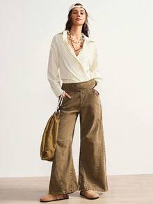 Bohemela Quần ống rộng lưng thun phong cách retro thường ngày dành cho nữ - xanh quân đội - Xem 8