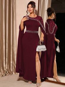 Cravure Vestido elegante de manga larga con cuello redondo, con aplicaciones de malla y perlas brillantes, adecuado para fiestas y eventos de noche, otoño/invierno, tallas grandes - Burdeos - Ver 6