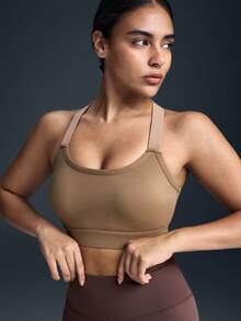 Powerista Women's Contrast Color Backless Racerback Sports Bra For Daily Workout - Brown - View 6