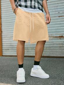 PAVTROS 男士休闲抽绳腰带短裤，带口袋，宽松街头风短裤，简约大字母压纹设计，质感面料，简约时尚，日常休闲穿着，时尚百搭，是送给男友或节假日的理想礼物。 - 卡其色 - 查看 3