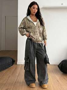 Coolane Women's Fall/Winter Couple Same Style/Couple Same Style/Basic/Going Out Knit Camo Thermal Lined Keep Warm Zip Up Army Green Baggy Long Sleeve Sweatshirt Camo Sweatshirt - Multicolor - View 3