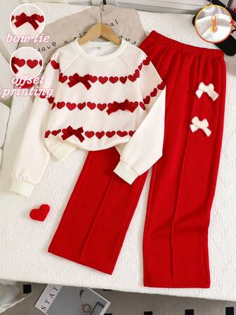 Genkimix Kids Moderiktigt set med 2 delar för tweenflickor: T-shirt med rosett framtill i kombination med aprikosfärgad rundhalsad långärmad tröja och rött hjärtmönster, aprikosfärgade utsvängda byxor med rosett, lämplig för tweenflickor på hösten/vintern, elegant koreansk stil, söt och charmig för vardag, skola, semester och fest.