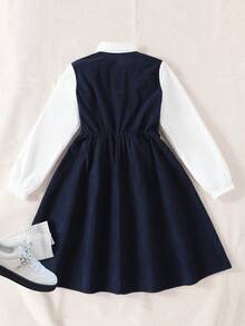 SHEIN Sparklyn 1pc Girls' Fashionable Long Sleeve Dress, Soft & Comfortable Fabric, White Shirt With Navy Blue Dress, Gentle And Stylish Design, Suitable For Spring/Autumn, Suitable For Outings, Photos, School, And Various Occasions, Must-Have Popular Girls' Dress - Black - View 8