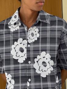 SWAVVY 男士格子领单排扣印花休闲通勤短袖衬衫 男士衬衫 街头风男士印花纽扣衬衫 街头风纽扣衬衫 男士夏威夷风纽扣衬衫 男士夏季纽扣衬衫 - 灰色 - 查看 3