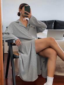 DAZY Butterfly Embroidery Pattern Loose Long Sleeve Cardigan Sleepwear Robe - Grey - View 3