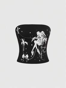 ROMWE Cute & Stylish Anime Inspired Winged Girl Graphic Print Women T-Shirt - Black - View 1