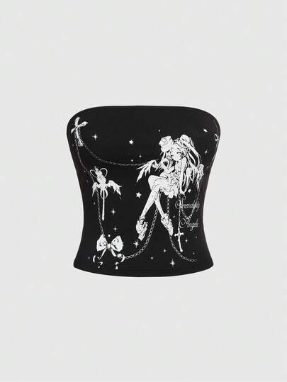 Süßes und stilvolles Anime-inspiriertes T-Shirt für Frauen mit bedruckter geflügelter Mädchengrafik