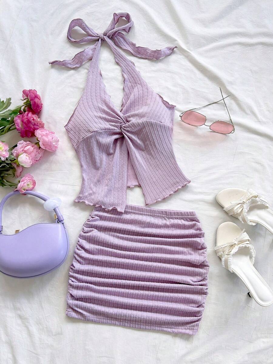 Soleia Bộ đồ 2 mảnh New Knit Texture Resort Metallic Decor Áo hai dây ngắn & Chân váy mini cạp thấp Bộ đồ 2 mảnh màu hoa oải hương Bộ đồ 2 mảnh màu tím Bộ đồ 2 mảnh màu hoa oải hương Bộ đồ mùa hè cho nữ Bộ đồ 2 mảnh có gân - Màu tím hoa cà - Xem 1