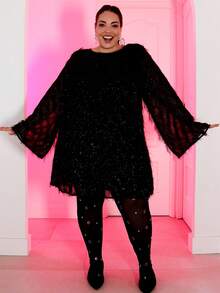 Pretty and Ole 大码女式秋冬、春夏优雅华丽性感基本款手工水钻装饰网眼面料透视紧身裤打底裤 - 黑色 - 查看 1