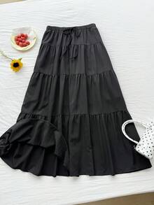 Comfortcana 大码休闲宽松松紧腰荷叶边下摆 A 字裙 - 黑色 - 查看 5