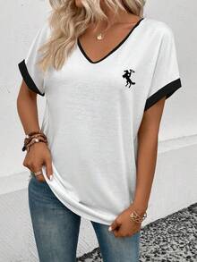 EMERY ROSE New Arrival Spring/Summer Bestselling Contrast Color Logo Print V-Neck Short Sleeve Women T-Shirt - White - View 4
