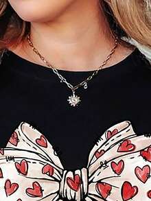 EMERY ROSE New Fashion Women Heart & Bow Print Round Neck T-Shirt - Black - View 3