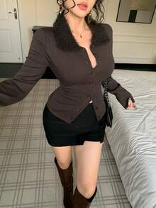 DAZY Áo khoác cardigan cổ tua rua thanh lịch dành cho nữ, Thu/Đông - Cà phê nâu - Xem 3