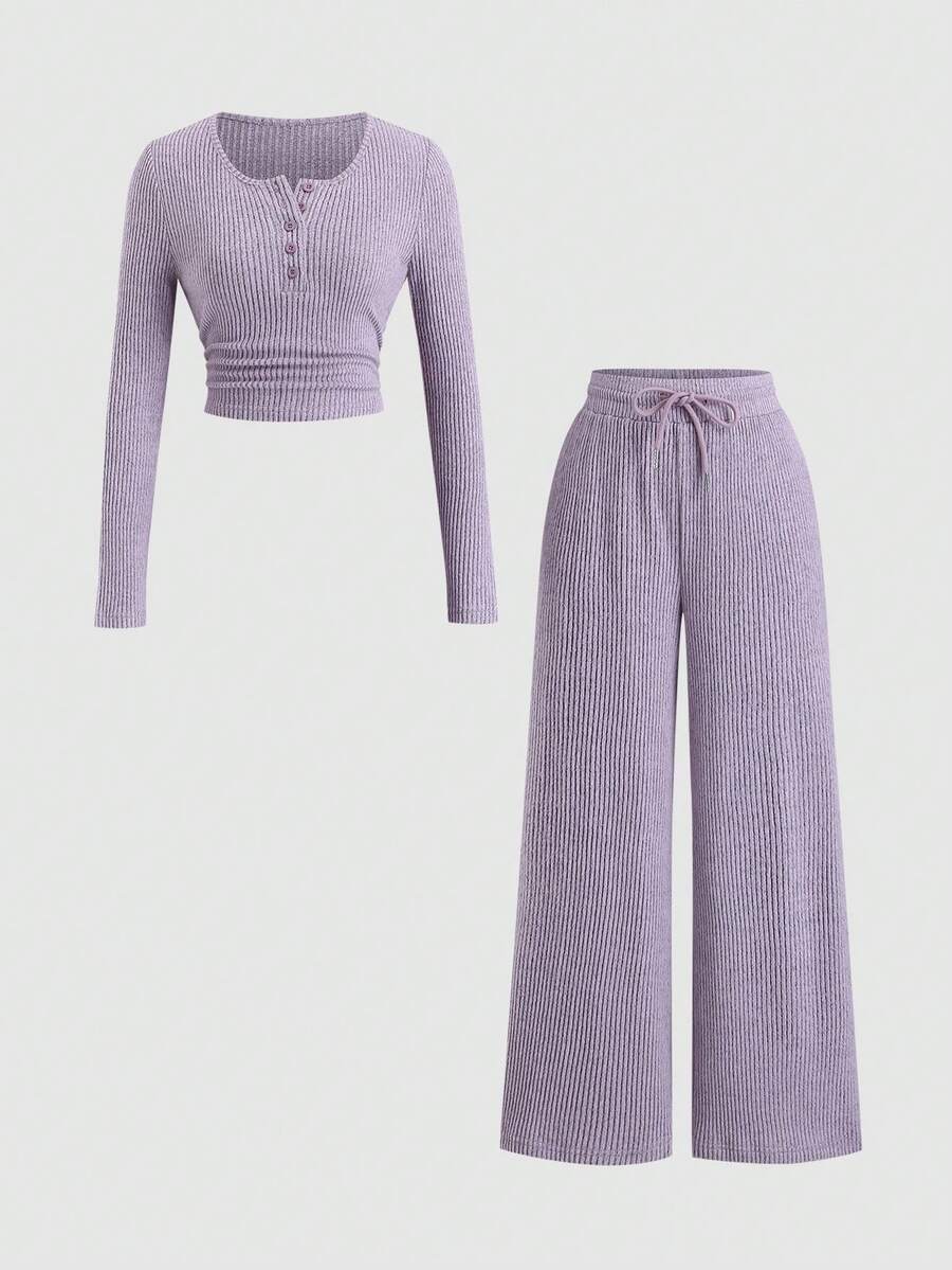 Sweetra Women Light Purple Ribbed Fabric 2-Piece Set,Fall Winter Casual Lounge Plush Ruched Design Adjustable Waistband Textured Open Front Outfit - Purple - View 1