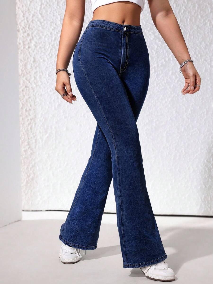 Rivivi Jeans acampanados casuales para mujer, versátiles para el uso diario - Azul lavado oscuro - Ver 1