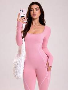 Sovereign Charm 女士无缝长袖露背性感连体裤 - 粉色 - 查看 3