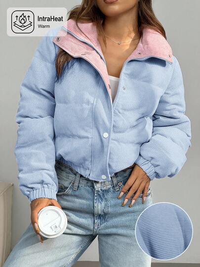 SHEIN EZwear 女式拉链双面按扣灯芯绒棉服秋冬装