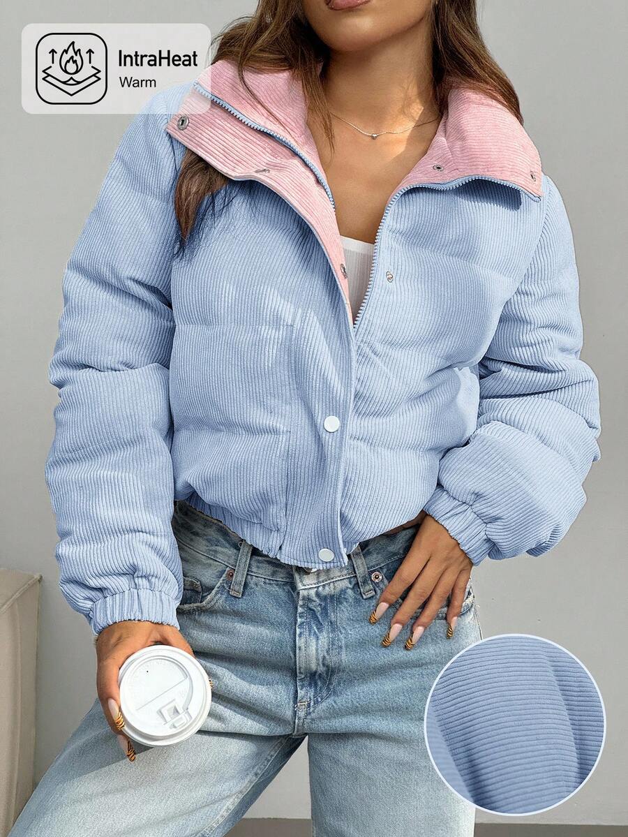 SHEIN EZwear 女式拉链双面按扣灯芯绒棉服秋冬装 - 藍色 - 查看 1