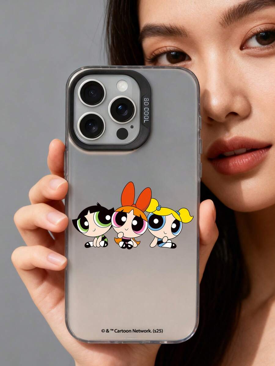 THE POWERPUFF GIRLS X SHEIN 1 Ốp lưng điện thoại cao cấp họa tiết hoa, bong bóng, mao lương, thiết kế thời trang chống rơi đơn giản, lỗ chính xác, quà tặng lễ hội Halloween và Giáng sinh, tương thích với iPhone 17/16/15/14/13/12/11 và Galaxy S25/24/23 - màu đen - Xem 1