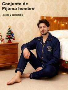 COTOLO Conjunto de Pijama Hombre Gris de Seda Suave, Manga Larga con Bordes Dorados, Diseño Elegante con Escudo, Cálido y Confortable, Regalo de Navidad - Azul - Ver 1