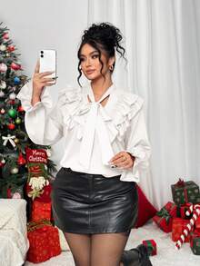 Elenzga 大码女式轻盈法式优雅针织长袖红色荷叶边系带衬衫 - 白色 - 查看 7