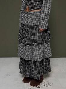 COUREZ Falda midi con volantes y capas a cuadros / Ropa de otoño e invierno Y2K para mujeres, falda negra para mujeres para salir, atuendos de fiesta, Año Nuevo - Gris - Ver 5