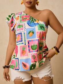Travachic Camisa sin mangas con estampado de frutas y un solo hombro para tallas grandes - Multicolor - Ver 4