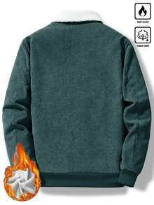 Manfinity Homme 男士休闲日常通勤时尚街头灯芯绒内衬保暖宽松长袖外套，秋冬街头风，复古富豪风，日常休闲，周末旅行，户外活动，探险旅行，轻松工作环境或半正式场合，男友/老公礼物，周年纪念日/圣诞节礼物 - 墨綠色 - 查看 2