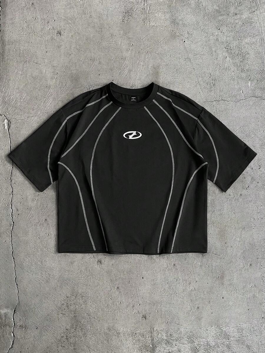 AXEPEAK Áo thun nam tay ngắn họa tiết tương phản thường ngày, mùa hè - màu đen - Xem 1