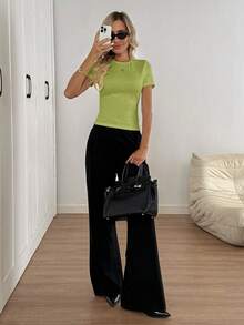 SHEIN LUNE Women's Casual Knit Textured Jacquard Fitted Short Sleeve T-Shirt, Basic Everyday Wear, Spring/Summer - Green - View 4