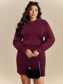 Elaquor Plus Size Women Casual Solid Color Long Sleeve Sweater Dress, Autumn/Winter - Burgundy - View 6