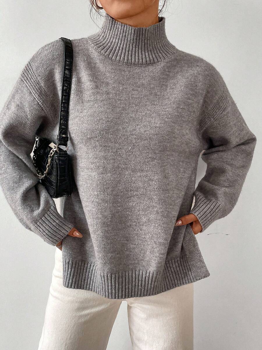 Chiquease High Neck Drop Shoulder Split Hem Sweater,Long Sleeve Tops Knit Pullover Fall Winter Sweater - Grey - View 1