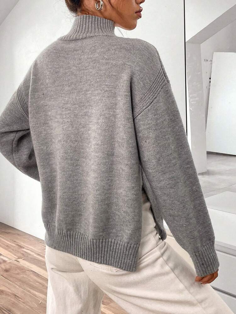 High Neck Drop Shoulder Split Hem Sweater,Long Sleeve Tops Knit Pullover Fall Winter Sweater