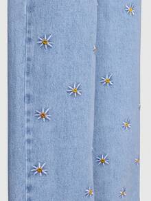 SHEIN ChillGRL 少女时尚刺绣阔腿水洗牛仔裤，春夏秋冬牛仔女童向日葵夏季牛仔裤校园Y2K少女90年代儿童女孩90年代少女Y2K印花花朵牛仔裤阔腿牛仔裤女孩宽松牛仔裤青少年女孩牛仔裤刺绣Y2K牛仔裤女孩 - 藍色 - 查看 6