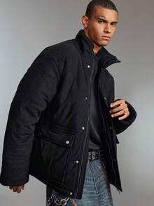 ROMWE MEN Street Life Men's Solid Color Long Sleeve Zipper Collar Corduroy Casual Winter Jacket - Black - View 7