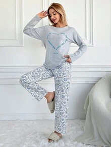 EURMUSE Cotton Text Print Round Neck Long Sleeve Casual Pajama Set - Grey - View 4