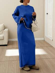 EURMUSE Women Stitch Detailed Round Neck Drop Shoulder Pullover & Sweater Skirt Set - Royal Blue - View 6