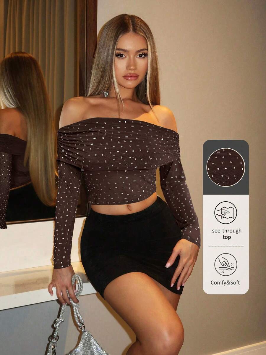 SHEIN BAE Summer Beach Vacation, Nightclub Party, Women Concert/Performance Top, Sexy - Coffee Brown - View 1