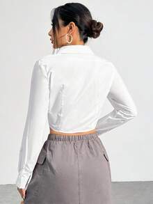 SHEIN EZwear 女士白色梭织收腰修身短款衬衫 - 白色 - 查看 2