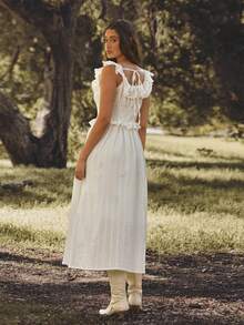 WESTFADE White Summer Modest Vacation Holiday Ruffle Tie Back Button Front Smocked Waist Relaxed Fit & Flare Textured Woven Midi Dress,Boho Nashville Cowgirl - White - View 2