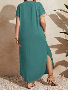 Breezaya Đầm ren tay ngắn cổ chữ V dáng rộng cho nữ cỡ lớn - màu xanh lá - Xem 2