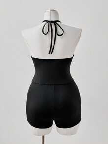 Mono corto sexy de cuello halter de punto de alta elasticidad - Negro - Ver 2