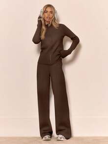 MUSERA Knit Funnel Neck Marl Zip Through Cardigan Only Winter Loungewear Cosy  Work Cute Elegant Casual  Chic Vacation Spring - Chocolate Brown - View 8