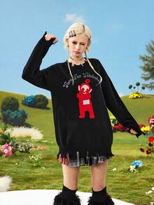 Teletubbies X ROMWE Y2K Cute Graphic Embroidered Pullover Sweater For Women - Black - View 5