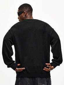 ROMWE MEN Goth Men's Loose Fit Cross Jacquard Drop Shoulder Long Sleeve Casual Knit Cardigan - Black - View 6
