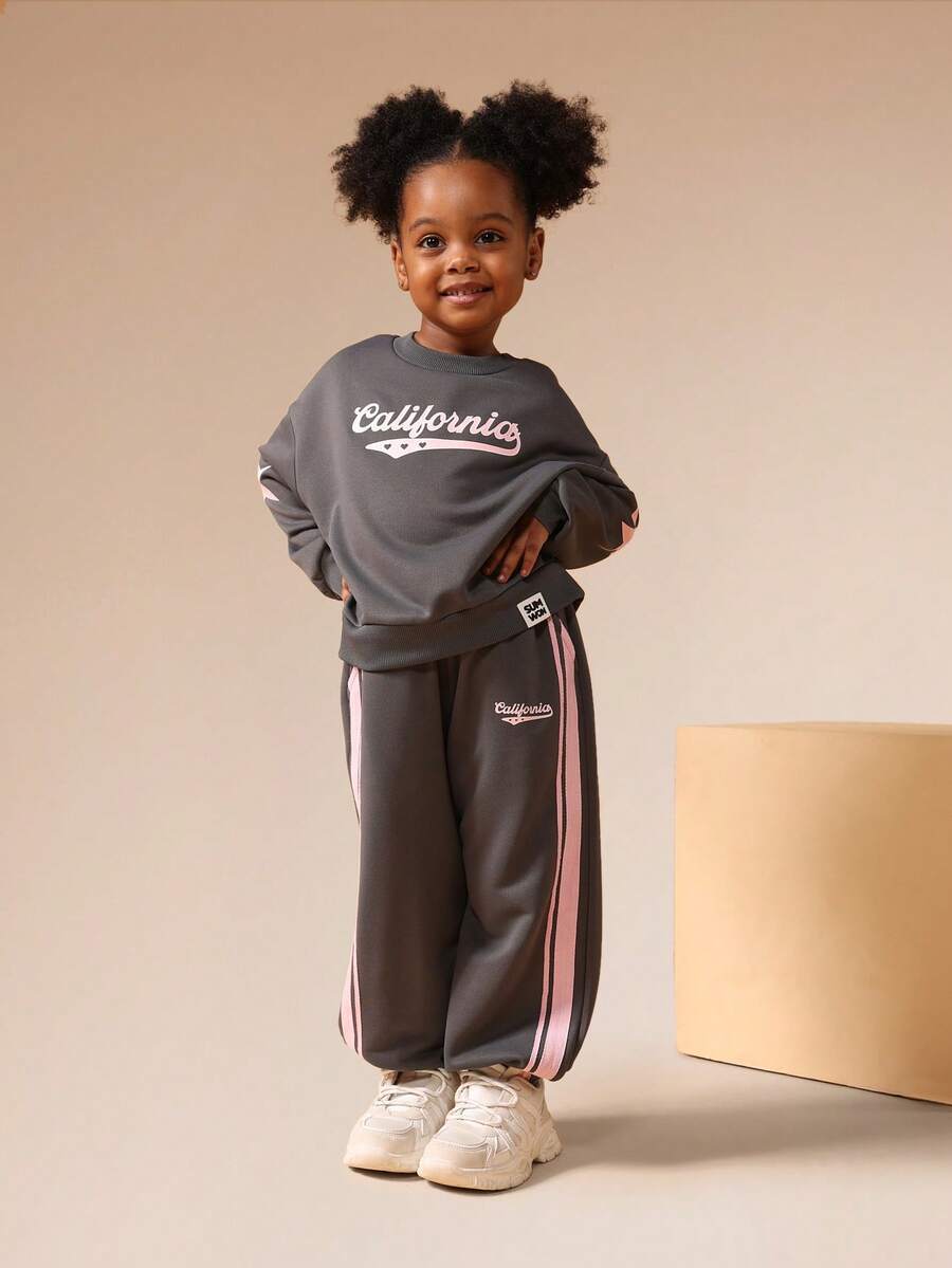 SUMWON California Star Print Hoodie And Sweatpants Co-Ord Set With Side Stripe Detailing For Little Kids Casual Outfit Vacation - Dark Grey - View 1